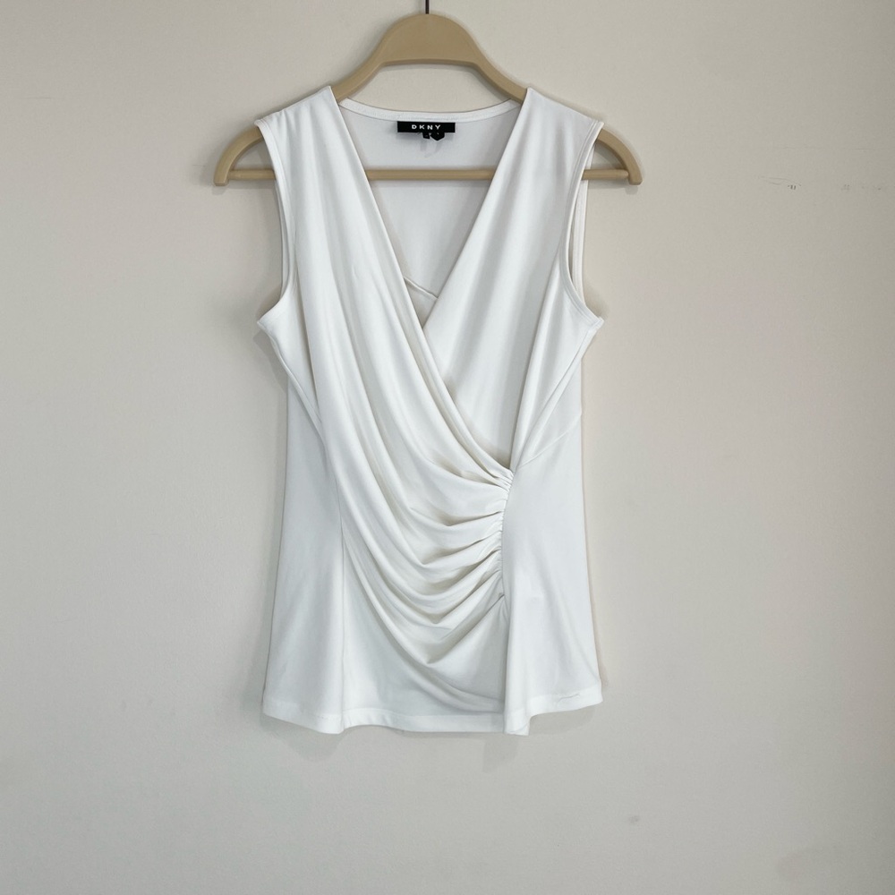 DKNY Womens White Draped Sleeveless Blouse